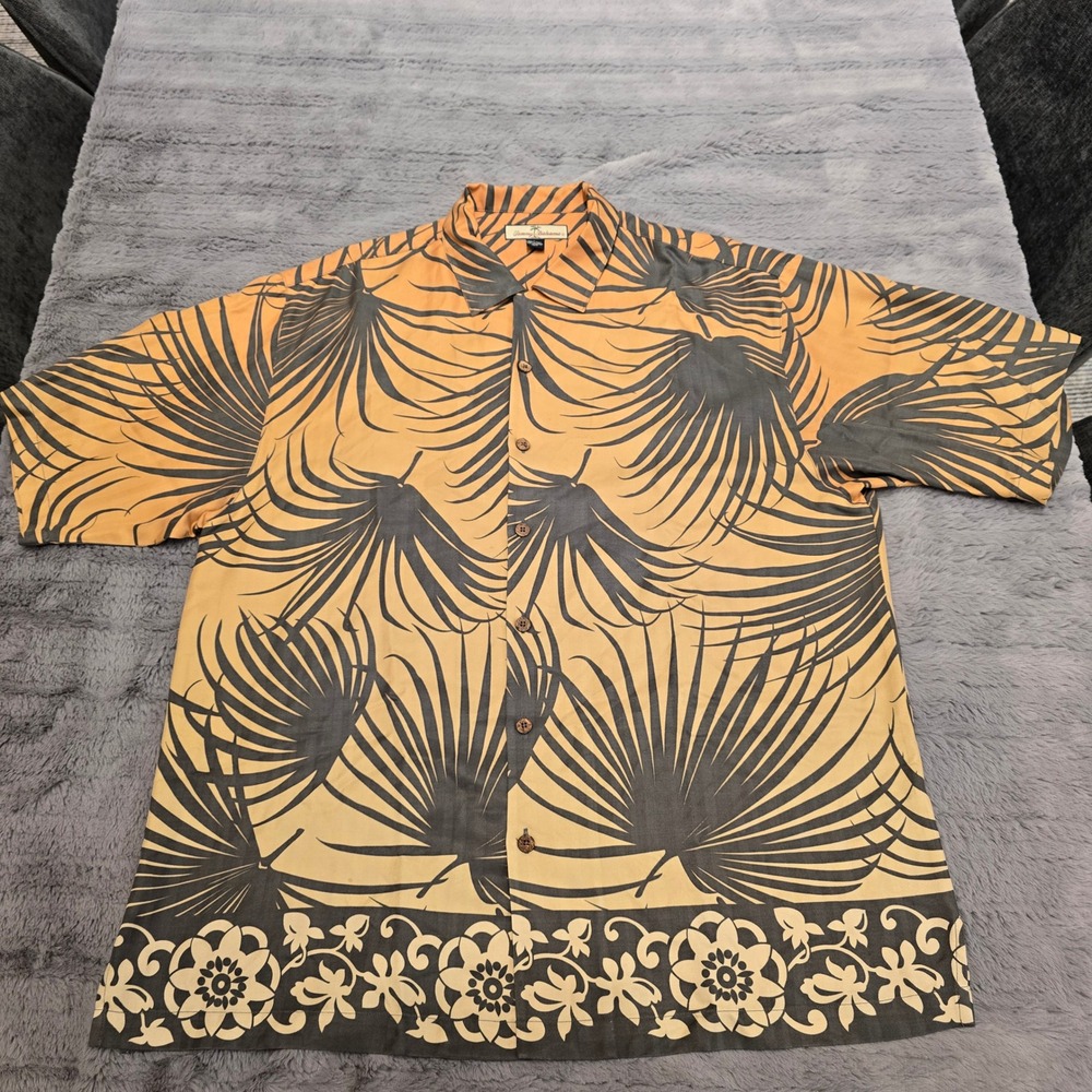 Tommy Bahama Mens Large Silk Camp Shirt Orange Palm Print Tropical Button Down - Picture 3 of 6